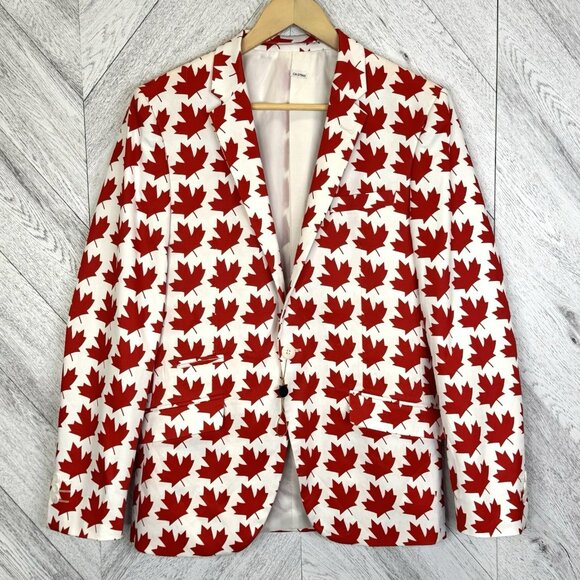 Suslo Blazer Canada Maple Leaf Print Mens Medium 40 Slim Fit Red White Canadian - Picture 1 of 9